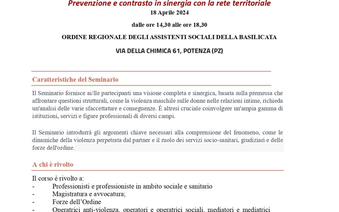 Opportunità formativa – “LA VIOLENZA MASCHILE CONTRO LE DONNE: Prevenzione e contrasto in sinergia con la rete territoriale” – 18 aprile 2024